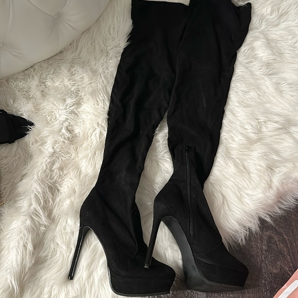 Black Over The Knee Heeled Platform Boots - Picture 1 of 1